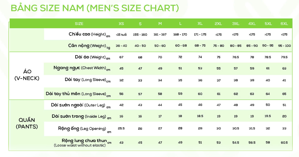 Bảng size quần áo đá bóng